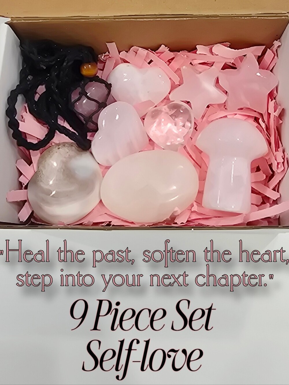 Artisan Mangano Calcite Crystal Healing Set Rose Quartz Necklace Selenite Stick